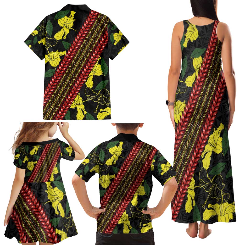 Samoan Culture Family Matching Tank Maxi Dress and Hawaiian Shirt Hibiscus and Ula Fala with Tapa Pattern Black Color LT03 - Polynesian Pride