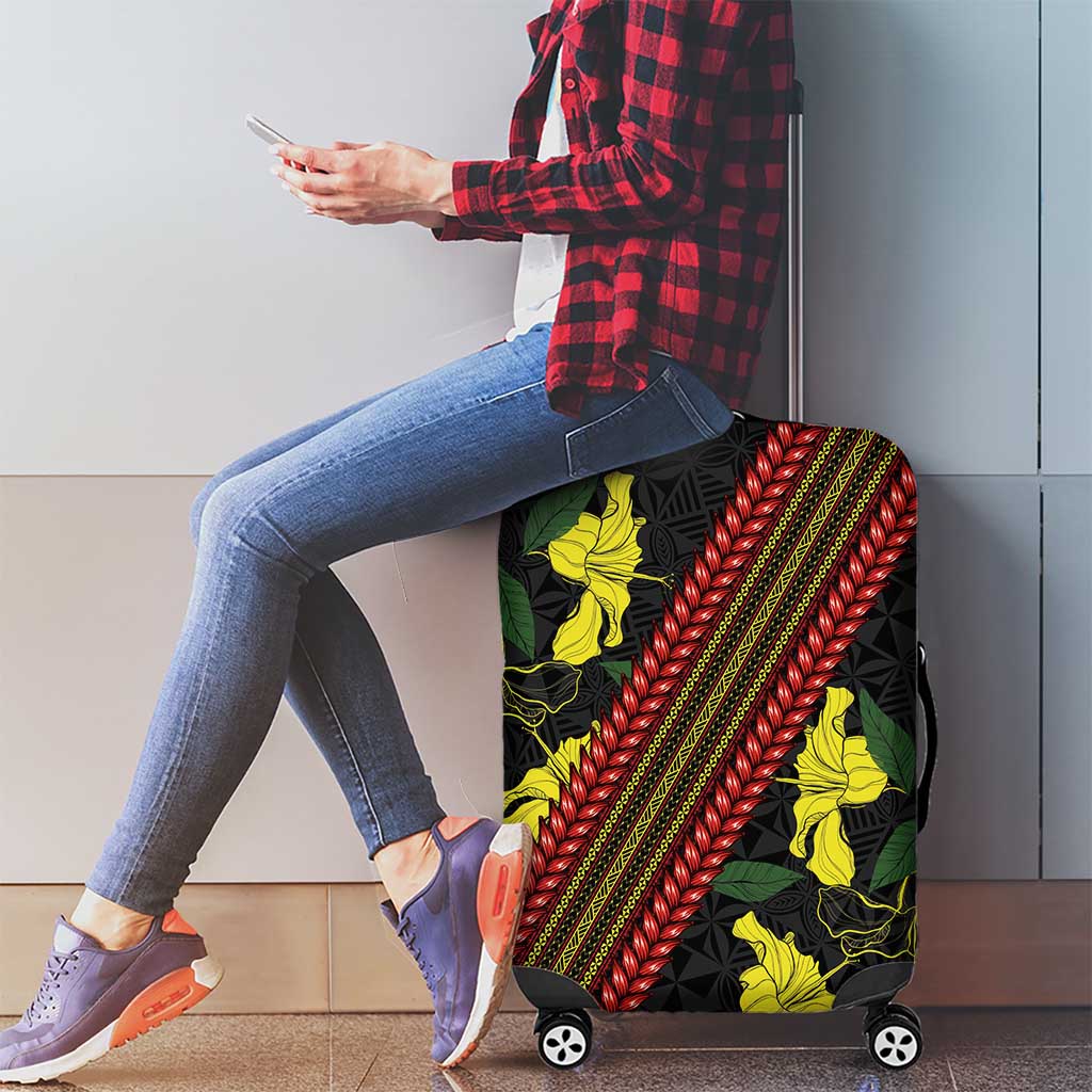 Samoan Culture Luggage Cover Hibiscus and Ula Fala with Tapa Pattern Black Color