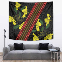 Samoan Culture Tapestry Hibiscus and Ula Fala with Tapa Pattern Black Color