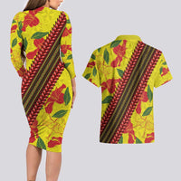 Samoan Culture Couples Matching Long Sleeve Bodycon Dress and Hawaiian Shirt Hibiscus and Ula Fala with Tapa Pattern YellowColor LT03 - Polynesian Pride