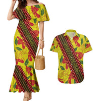 Samoan Culture Couples Matching Mermaid Dress and Hawaiian Shirt Hibiscus and Ula Fala with Tapa Pattern YellowColor LT03 Yellow - Polynesian Pride