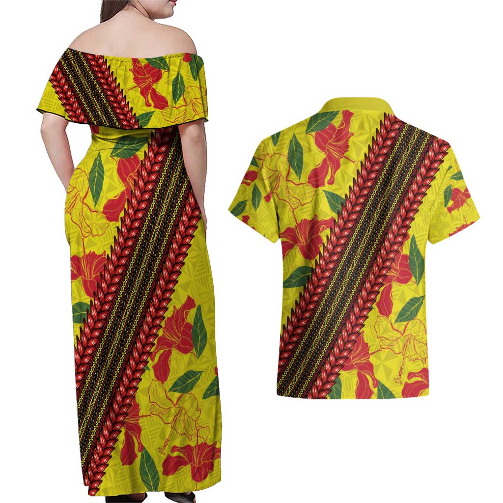Samoan Culture Couples Matching Off Shoulder Maxi Dress and Hawaiian Shirt Hibiscus and Ula Fala with Tapa Pattern YellowColor LT03 - Polynesian Pride