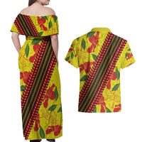 Samoan Culture Couples Matching Off Shoulder Maxi Dress and Hawaiian Shirt Hibiscus and Ula Fala with Tapa Pattern YellowColor LT03 - Polynesian Pride