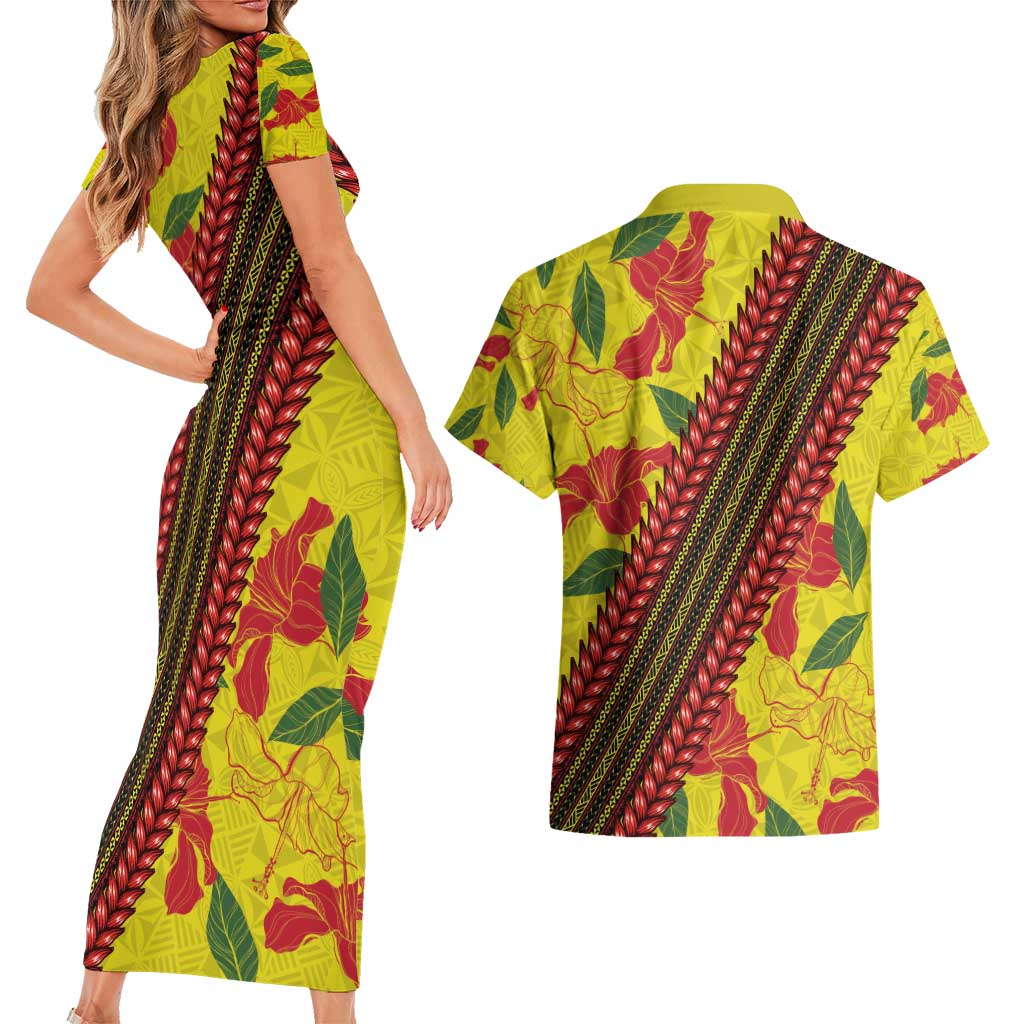 Samoan Culture Couples Matching Short Sleeve Bodycon Dress and Hawaiian Shirt Hibiscus and Ula Fala with Tapa Pattern YellowColor LT03 - Polynesian Pride