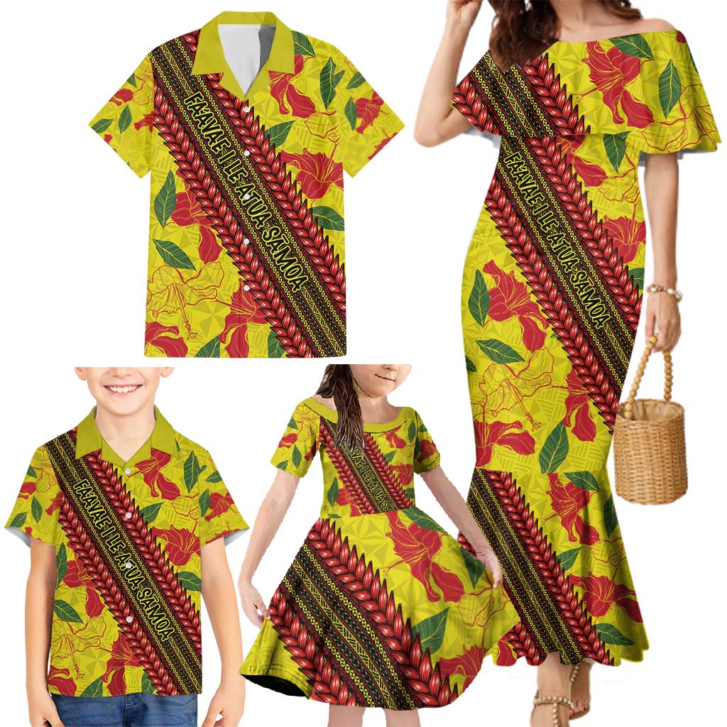 Samoan Culture Family Matching Mermaid Dress and Hawaiian Shirt Hibiscus and Ula Fala with Tapa Pattern YellowColor LT03 - Polynesian Pride