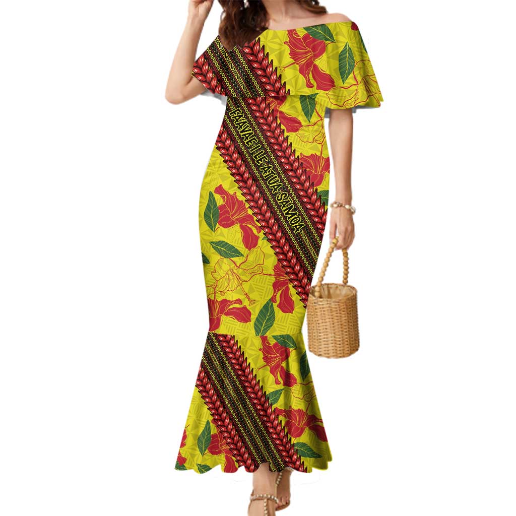 Samoan Culture Family Matching Mermaid Dress and Hawaiian Shirt Hibiscus and Ula Fala with Tapa Pattern YellowColor LT03 Mom's Dress Yellow - Polynesian Pride