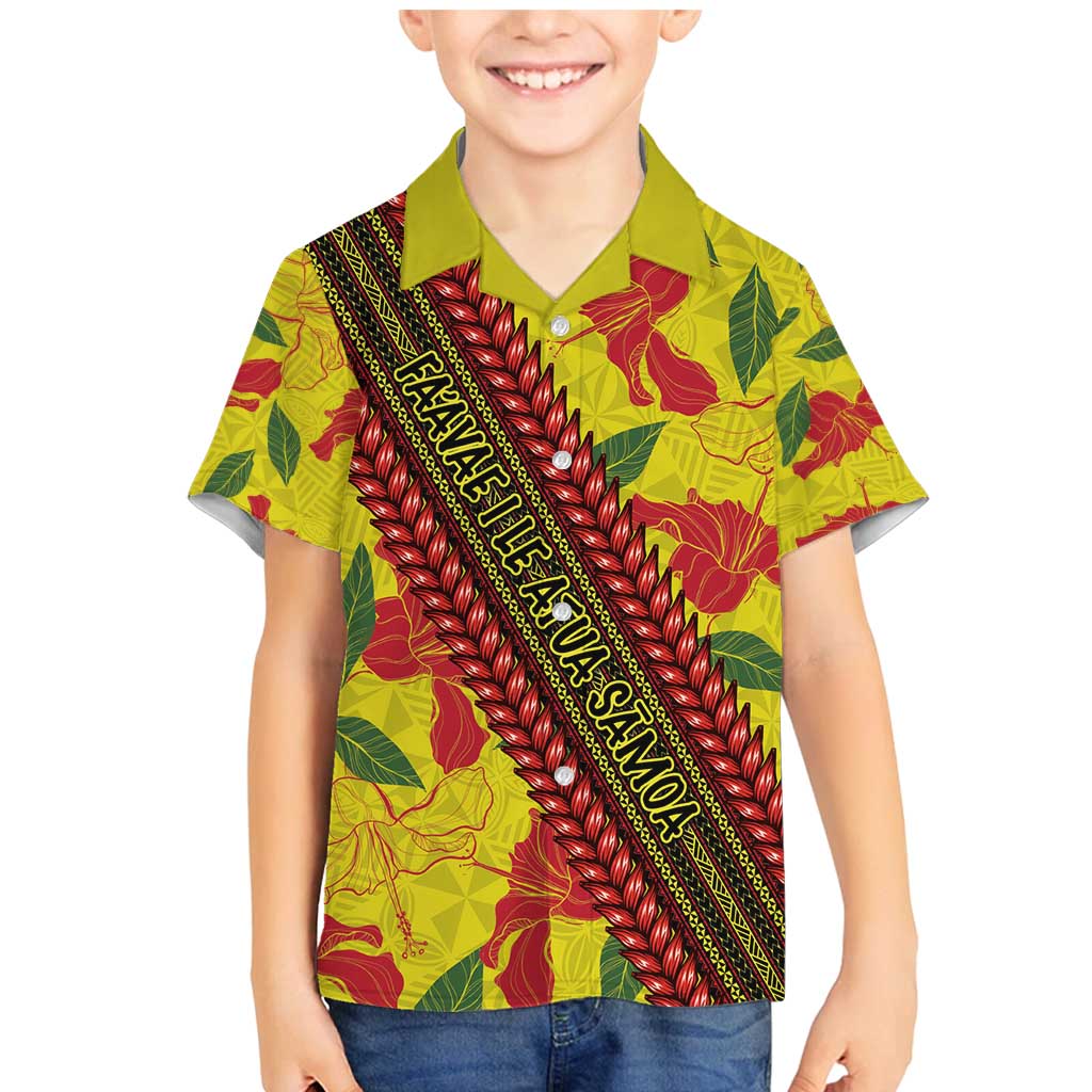Samoan Culture Family Matching Mermaid Dress and Hawaiian Shirt Hibiscus and Ula Fala with Tapa Pattern YellowColor LT03 Son's Shirt Yellow - Polynesian Pride