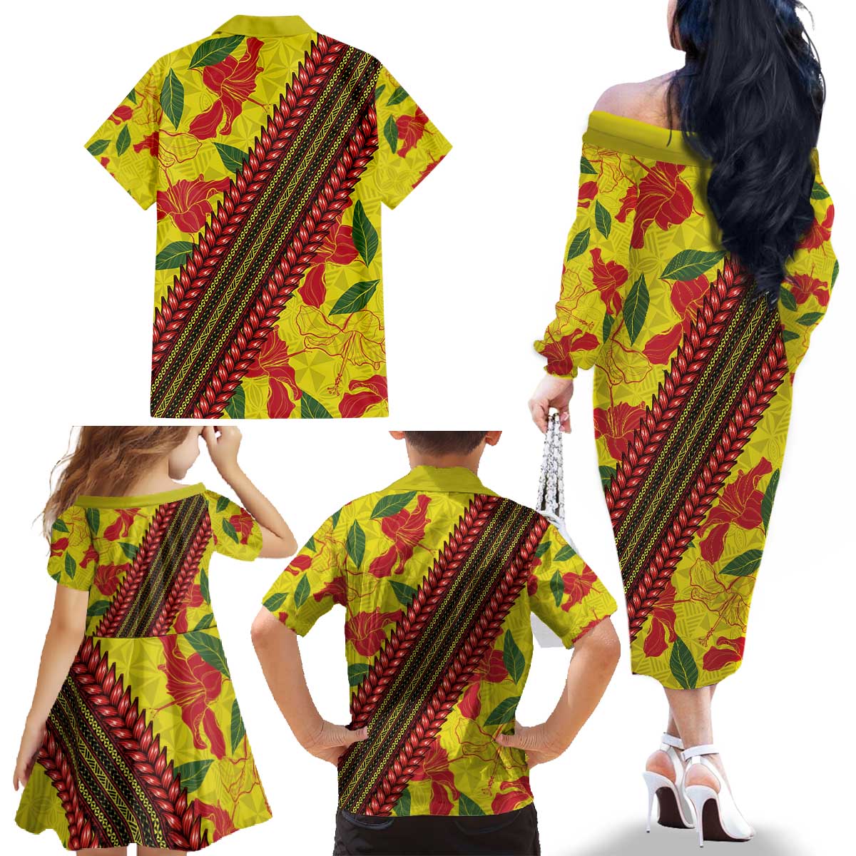 Samoan Culture Family Matching Off The Shoulder Long Sleeve Dress and Hawaiian Shirt Hibiscus and Ula Fala with Tapa Pattern YellowColor LT03 - Polynesian Pride