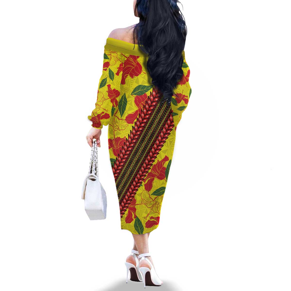Samoan Culture Family Matching Off The Shoulder Long Sleeve Dress and Hawaiian Shirt Hibiscus and Ula Fala with Tapa Pattern YellowColor LT03 - Polynesian Pride