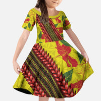 Samoan Culture Family Matching Off Shoulder Maxi Dress and Hawaiian Shirt Hibiscus and Ula Fala with Tapa Pattern YellowColor LT03 Daughter's Dress Yellow - Polynesian Pride