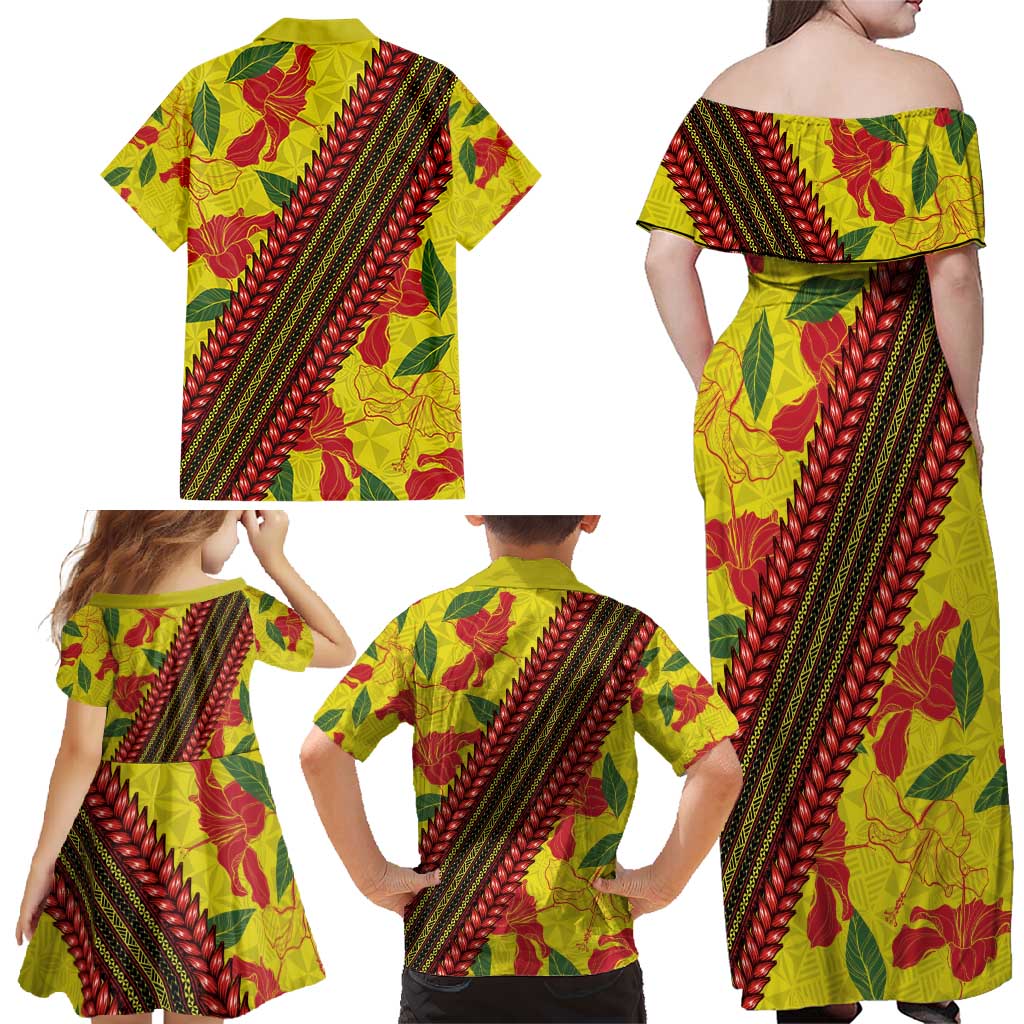 Samoan Culture Family Matching Off Shoulder Maxi Dress and Hawaiian Shirt Hibiscus and Ula Fala with Tapa Pattern YellowColor LT03 - Polynesian Pride