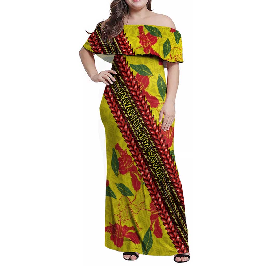 Samoan Culture Family Matching Off Shoulder Maxi Dress and Hawaiian Shirt Hibiscus and Ula Fala with Tapa Pattern YellowColor LT03 Mom's Dress Yellow - Polynesian Pride