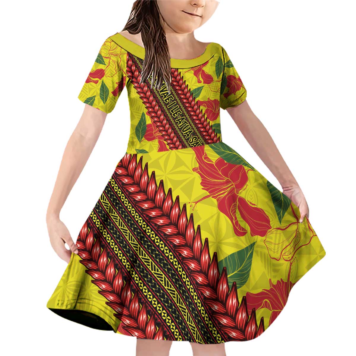Samoan Culture Family Matching Off Shoulder Short Dress and Hawaiian Shirt Hibiscus and Ula Fala with Tapa Pattern YellowColor LT03 Daughter's Dress Yellow - Polynesian Pride