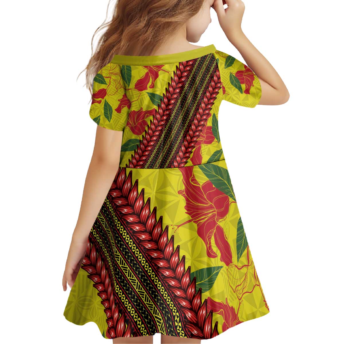 Samoan Culture Family Matching Off Shoulder Short Dress and Hawaiian Shirt Hibiscus and Ula Fala with Tapa Pattern YellowColor LT03 - Polynesian Pride