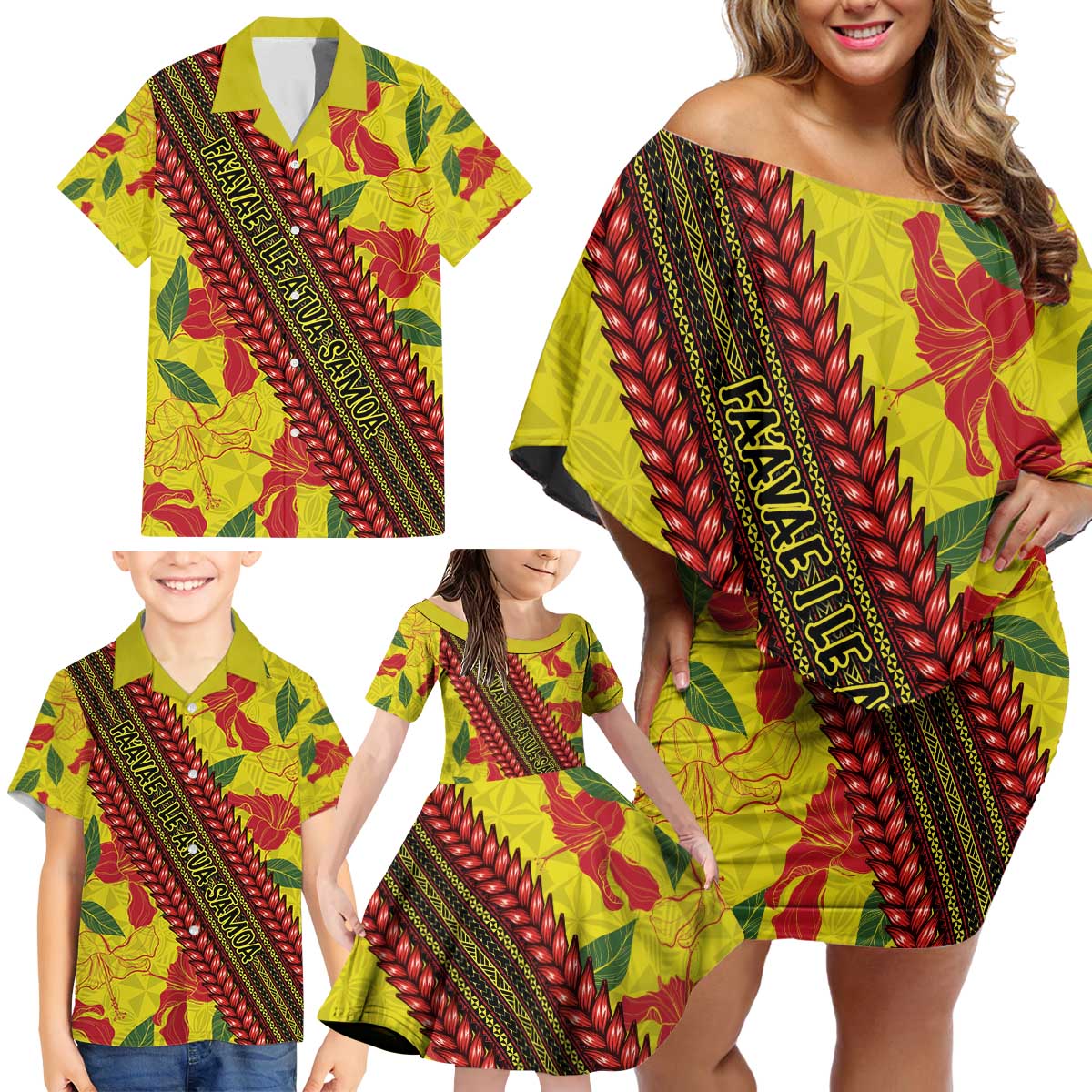 Samoan Culture Family Matching Off Shoulder Short Dress and Hawaiian Shirt Hibiscus and Ula Fala with Tapa Pattern YellowColor LT03 - Polynesian Pride