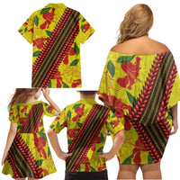Samoan Culture Family Matching Off Shoulder Short Dress and Hawaiian Shirt Hibiscus and Ula Fala with Tapa Pattern YellowColor LT03 - Polynesian Pride
