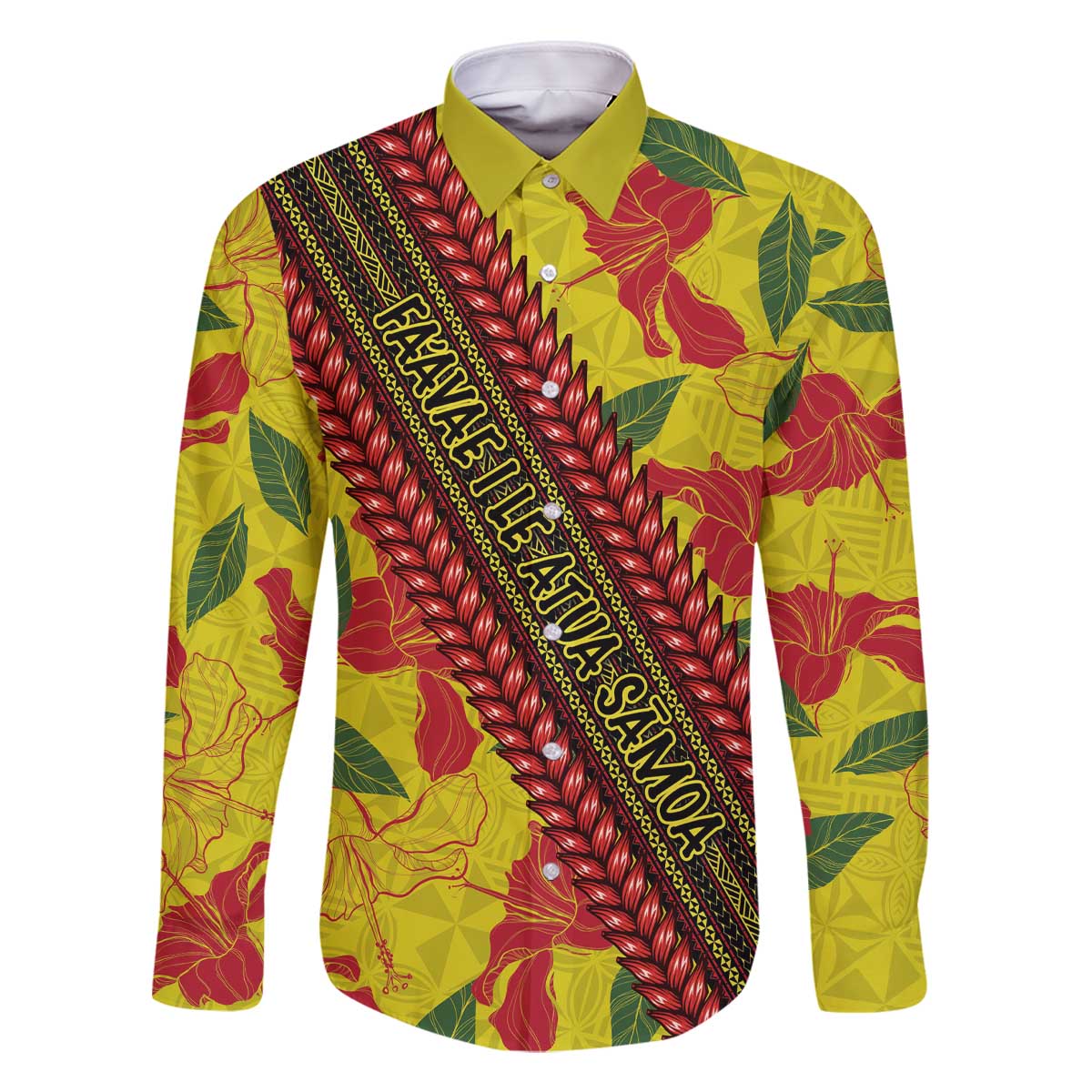 Samoan Culture Family Matching Off Shoulder Short Dress and Hawaiian Shirt Hibiscus and Ula Fala with Tapa Pattern YellowColor LT03 Dad's Shirt - Long Sleeve Yellow - Polynesian Pride