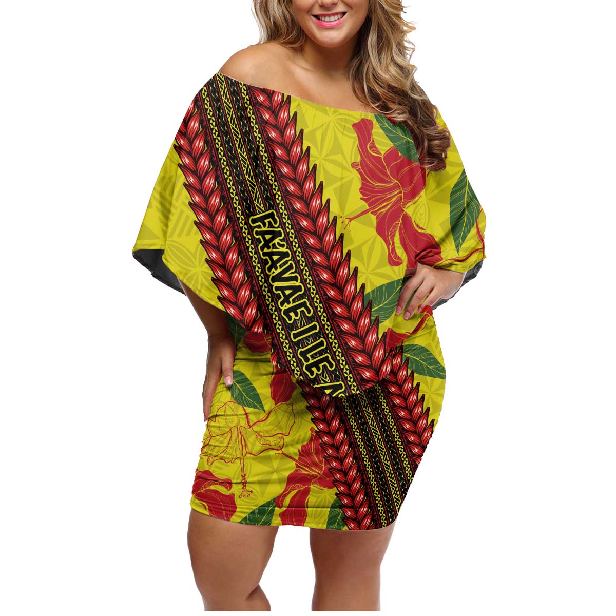 Samoan Culture Family Matching Off Shoulder Short Dress and Hawaiian Shirt Hibiscus and Ula Fala with Tapa Pattern YellowColor LT03 Mom's Dress Yellow - Polynesian Pride