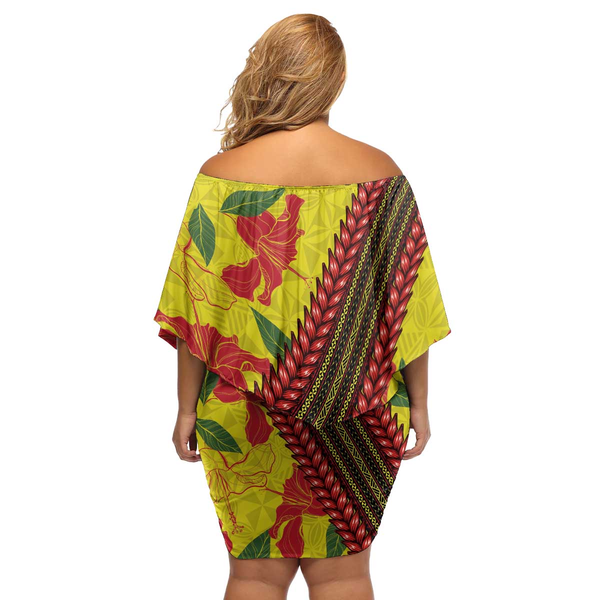 Samoan Culture Family Matching Off Shoulder Short Dress and Hawaiian Shirt Hibiscus and Ula Fala with Tapa Pattern YellowColor LT03 - Polynesian Pride