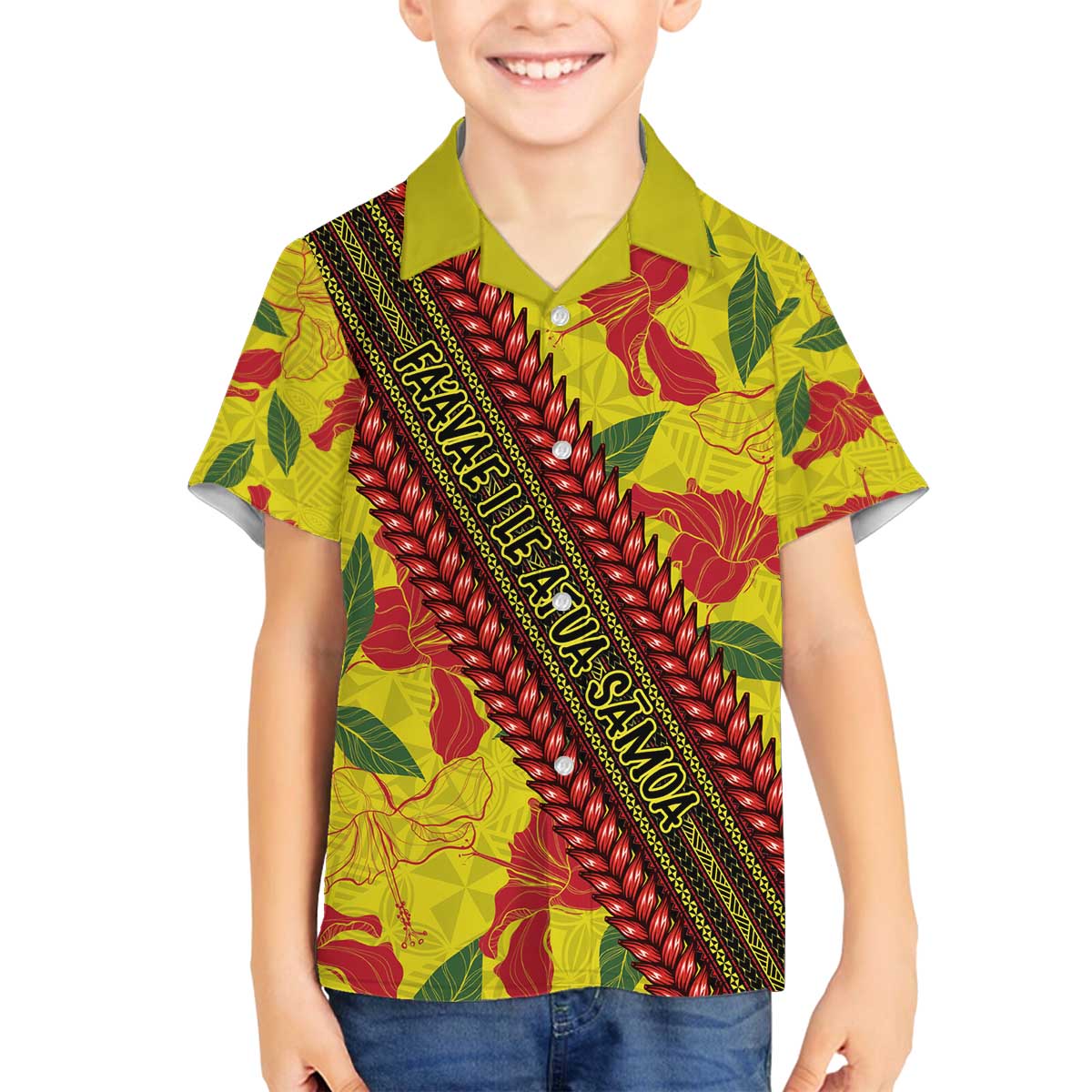 Samoan Culture Family Matching Off Shoulder Short Dress and Hawaiian Shirt Hibiscus and Ula Fala with Tapa Pattern YellowColor LT03 Son's Shirt Yellow - Polynesian Pride