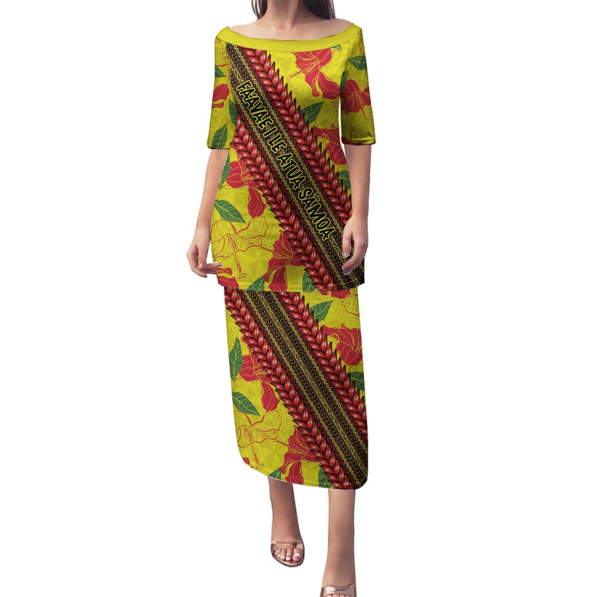 Samoan Culture Family Matching Puletasi and Hawaiian Shirt Hibiscus and Ula Fala with Tapa Pattern YellowColor LT03 Mom's Dress Yellow - Polynesian Pride