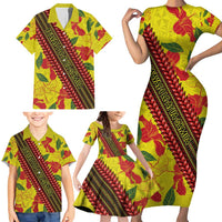 Samoan Culture Family Matching Short Sleeve Bodycon Dress and Hawaiian Shirt Hibiscus and Ula Fala with Tapa Pattern YellowColor LT03 - Polynesian Pride