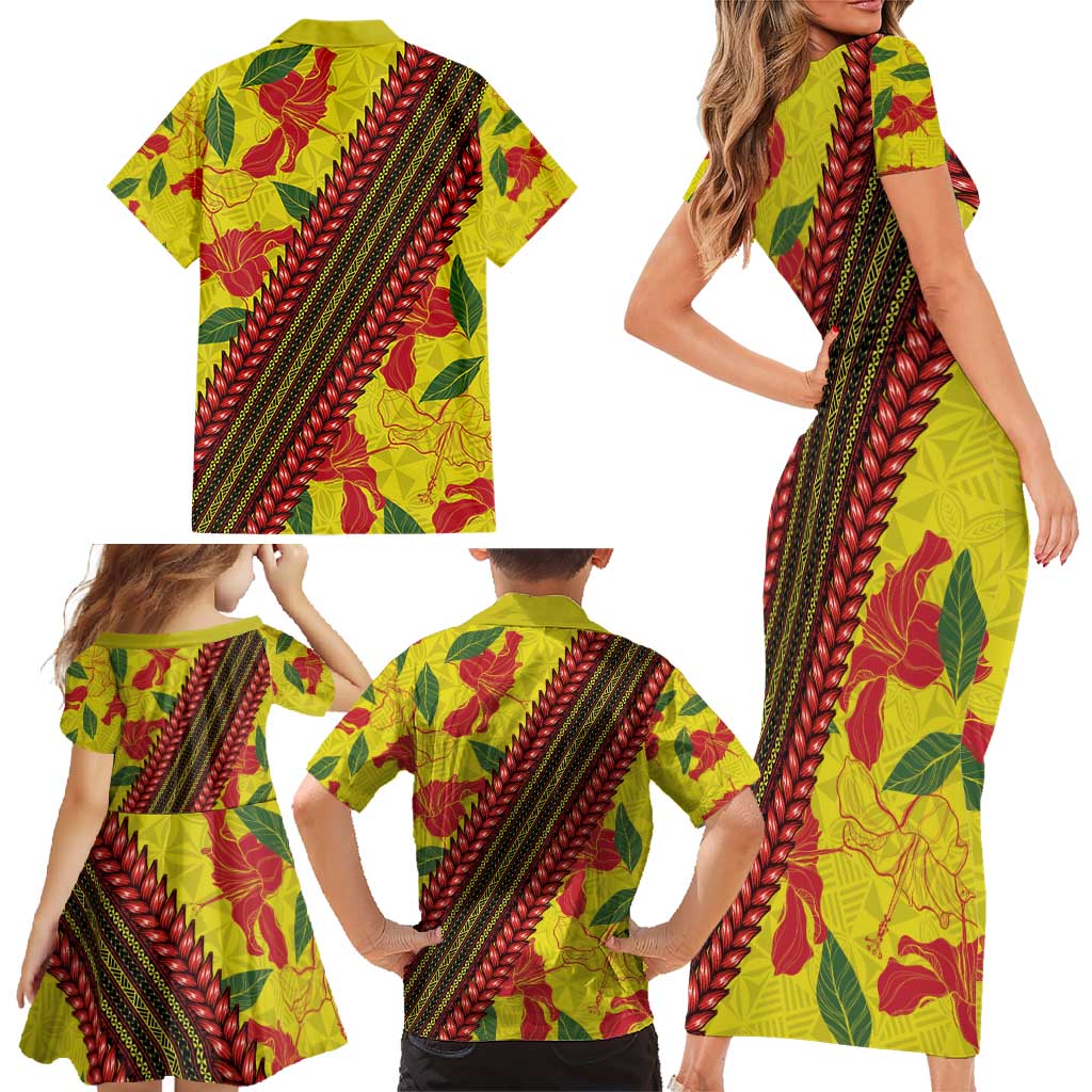 Samoan Culture Family Matching Short Sleeve Bodycon Dress and Hawaiian Shirt Hibiscus and Ula Fala with Tapa Pattern YellowColor LT03 - Polynesian Pride