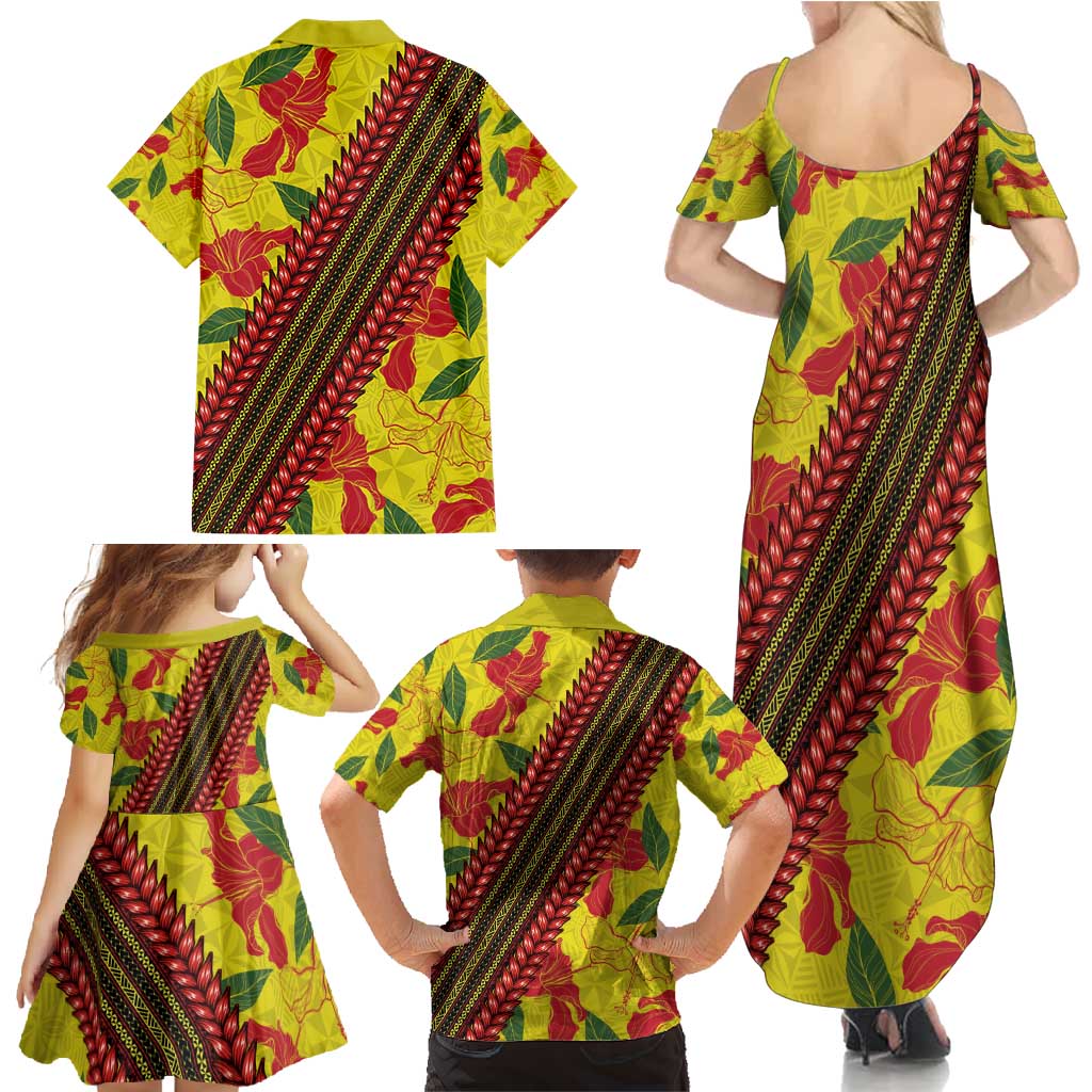 Samoan Culture Family Matching Summer Maxi Dress and Hawaiian Shirt Hibiscus and Ula Fala with Tapa Pattern YellowColor LT03 - Polynesian Pride