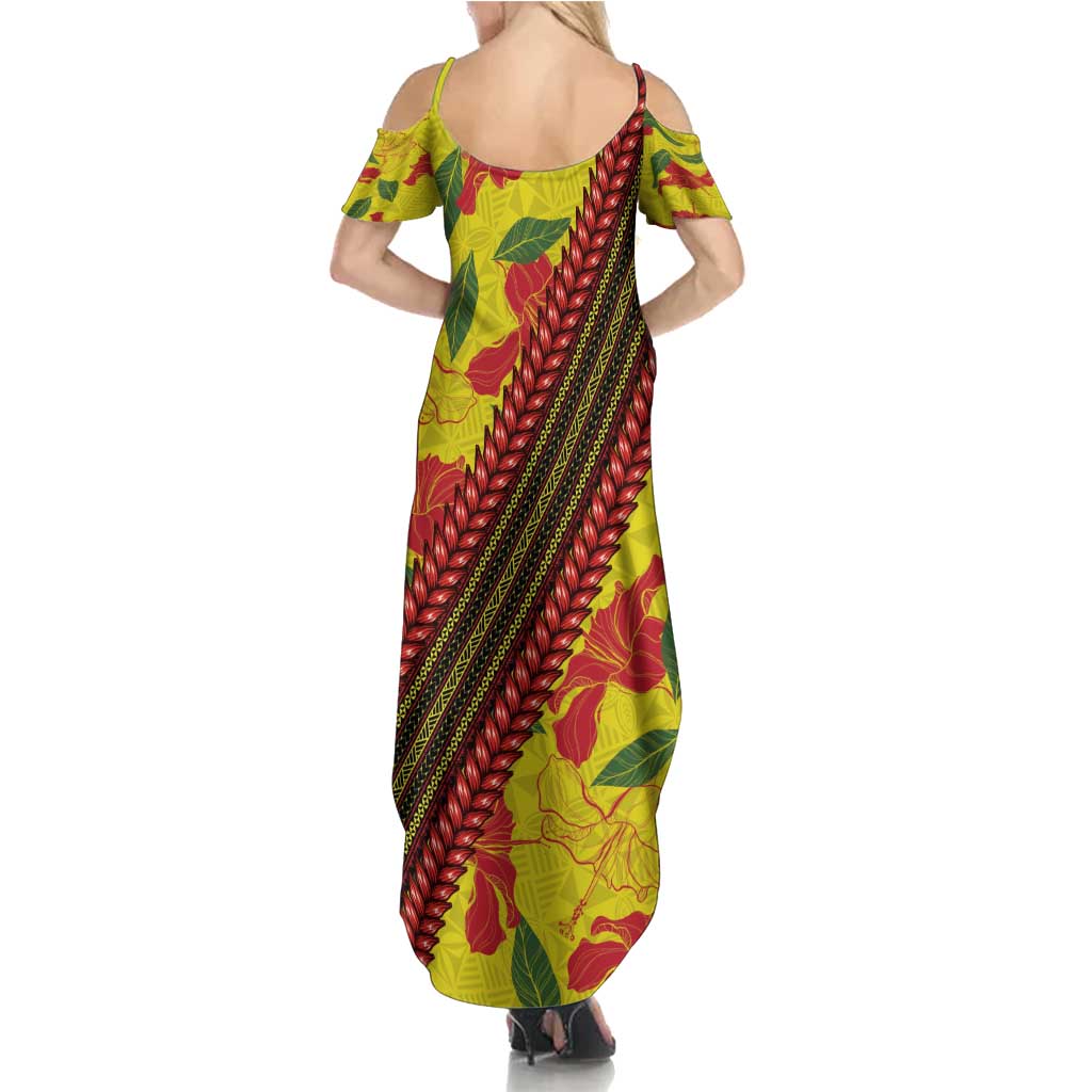 Samoan Culture Family Matching Summer Maxi Dress and Hawaiian Shirt Hibiscus and Ula Fala with Tapa Pattern YellowColor LT03 - Polynesian Pride