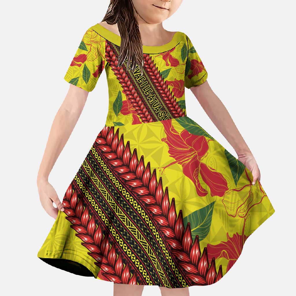Samoan Culture Family Matching Tank Maxi Dress and Hawaiian Shirt Hibiscus and Ula Fala with Tapa Pattern YellowColor LT03 Daughter's Dress Yellow - Polynesian Pride