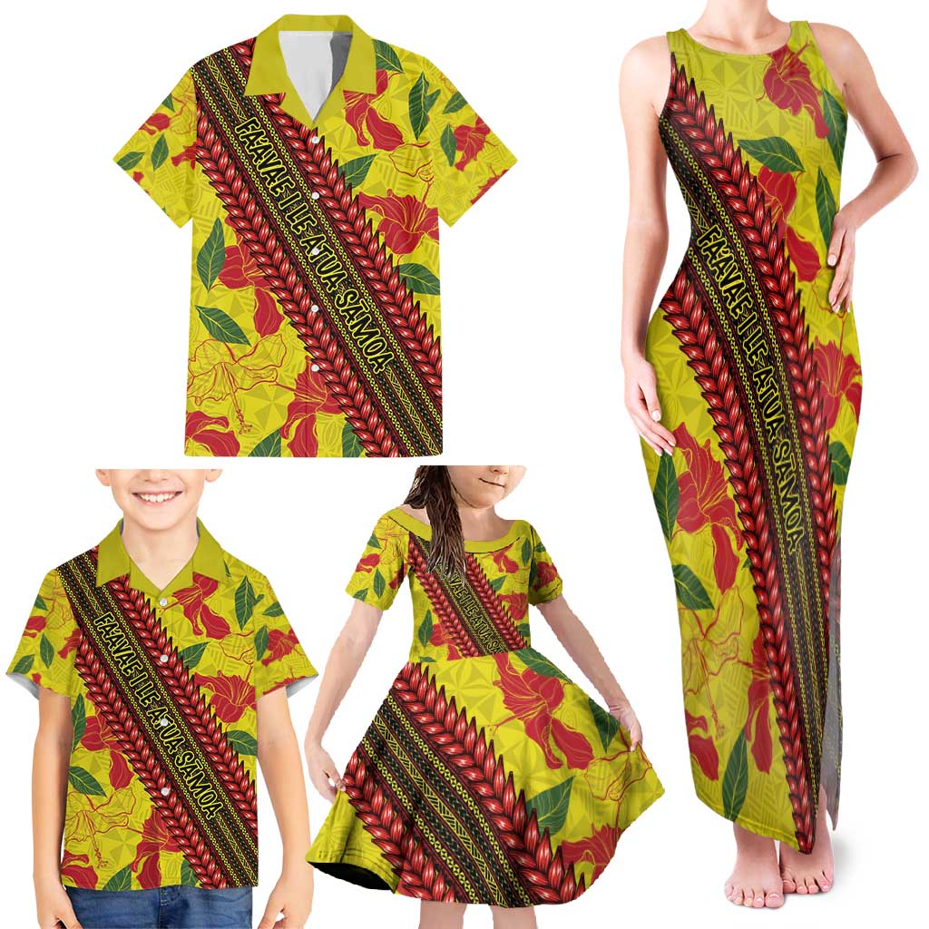 Samoan Culture Family Matching Tank Maxi Dress and Hawaiian Shirt Hibiscus and Ula Fala with Tapa Pattern YellowColor LT03 - Polynesian Pride
