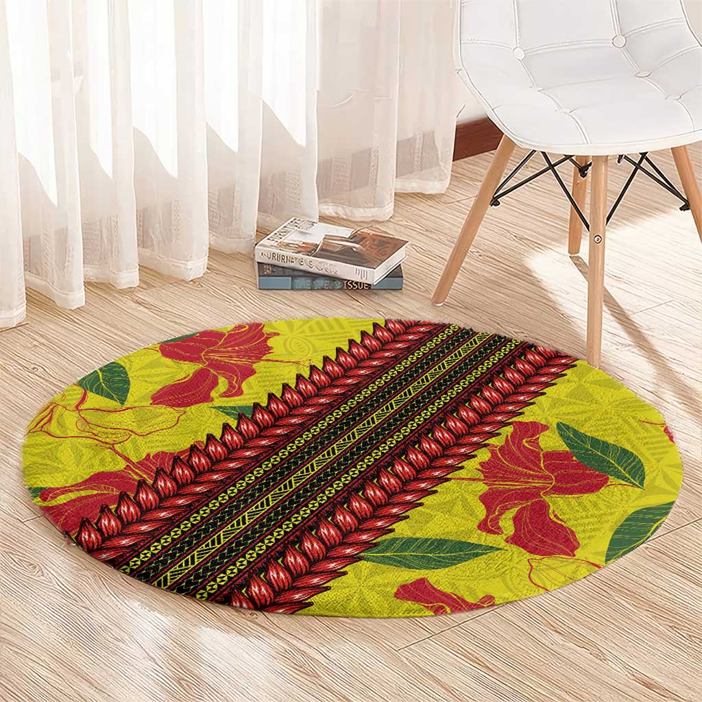 Samoan Culture Round Carpet Hibiscus and Ula Fala with Tapa Pattern Yellow Color