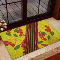 Samoan Culture Rubber Doormat Hibiscus and Ula Fala with Tapa Pattern Yellow Color