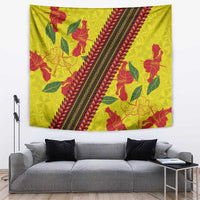 Samoan Culture Tapestry Hibiscus and Ula Fala with Tapa Pattern Yellow Color