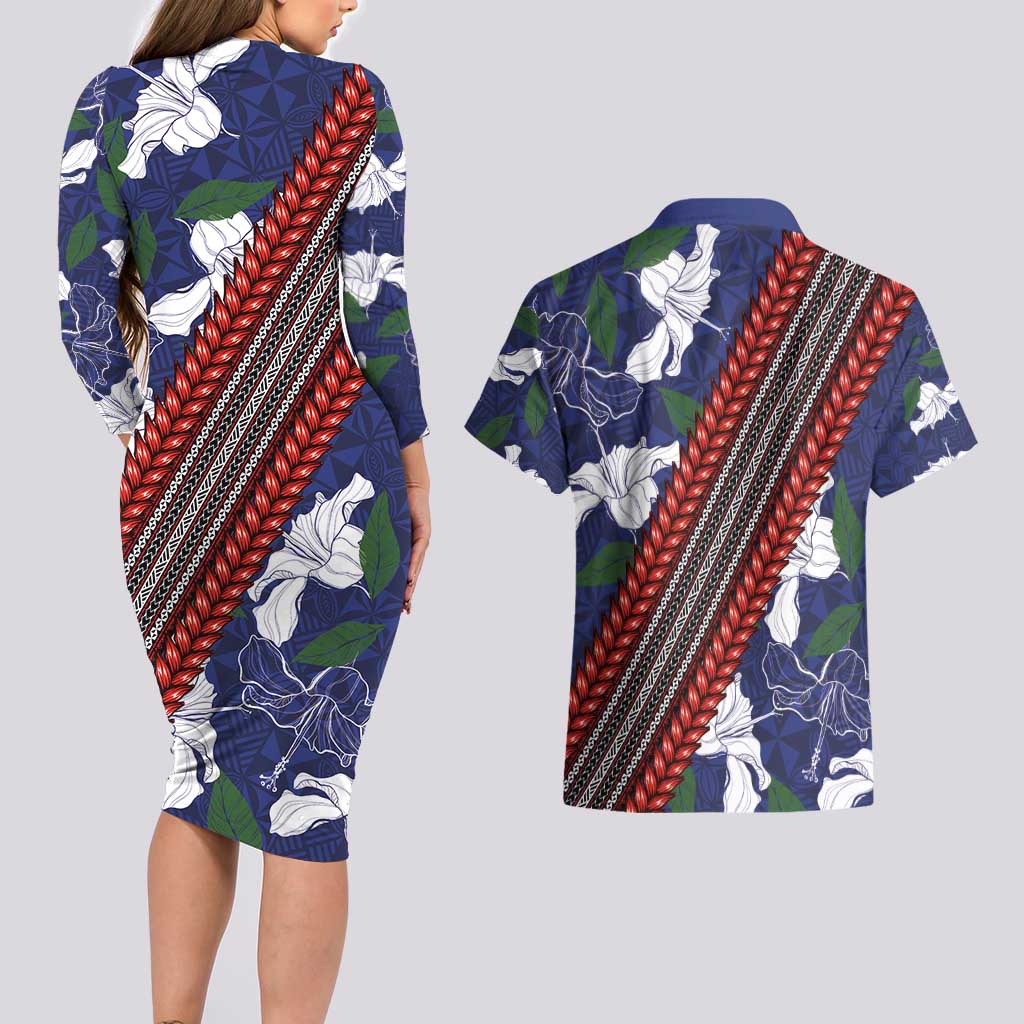 Samoan Culture Couples Matching Long Sleeve Bodycon Dress and Hawaiian Shirt Hibiscus and Ula Fala with Tapa Pattern Blue Color LT03 - Polynesian Pride