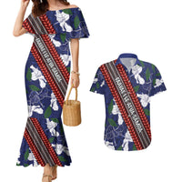 Samoan Culture Couples Matching Mermaid Dress and Hawaiian Shirt Hibiscus and Ula Fala with Tapa Pattern Blue Color LT03 Blue - Polynesian Pride