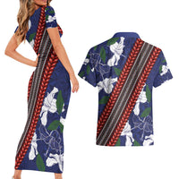 Samoan Culture Couples Matching Short Sleeve Bodycon Dress and Hawaiian Shirt Hibiscus and Ula Fala with Tapa Pattern Blue Color LT03 - Polynesian Pride