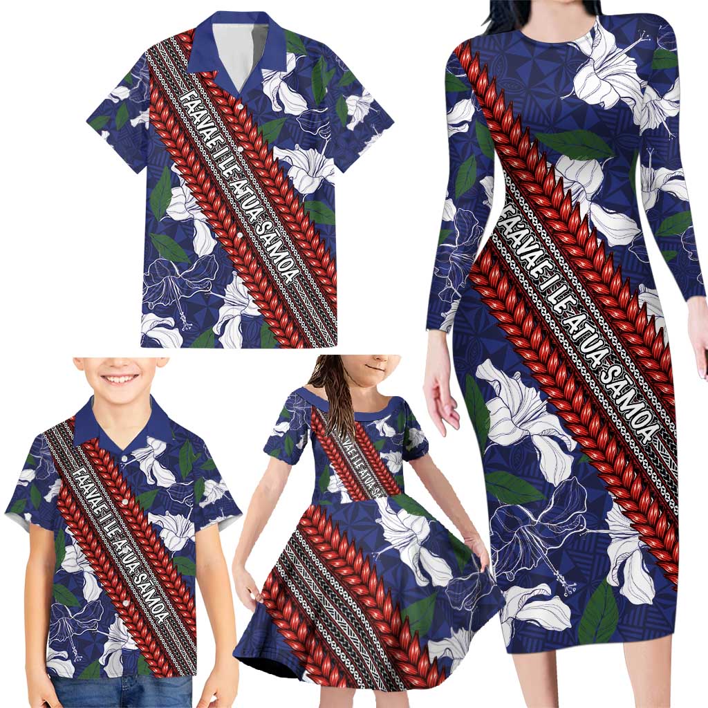 Samoan Culture Family Matching Long Sleeve Bodycon Dress and Hawaiian Shirt Hibiscus and Ula Fala with Tapa Pattern Blue Color LT03 - Polynesian Pride