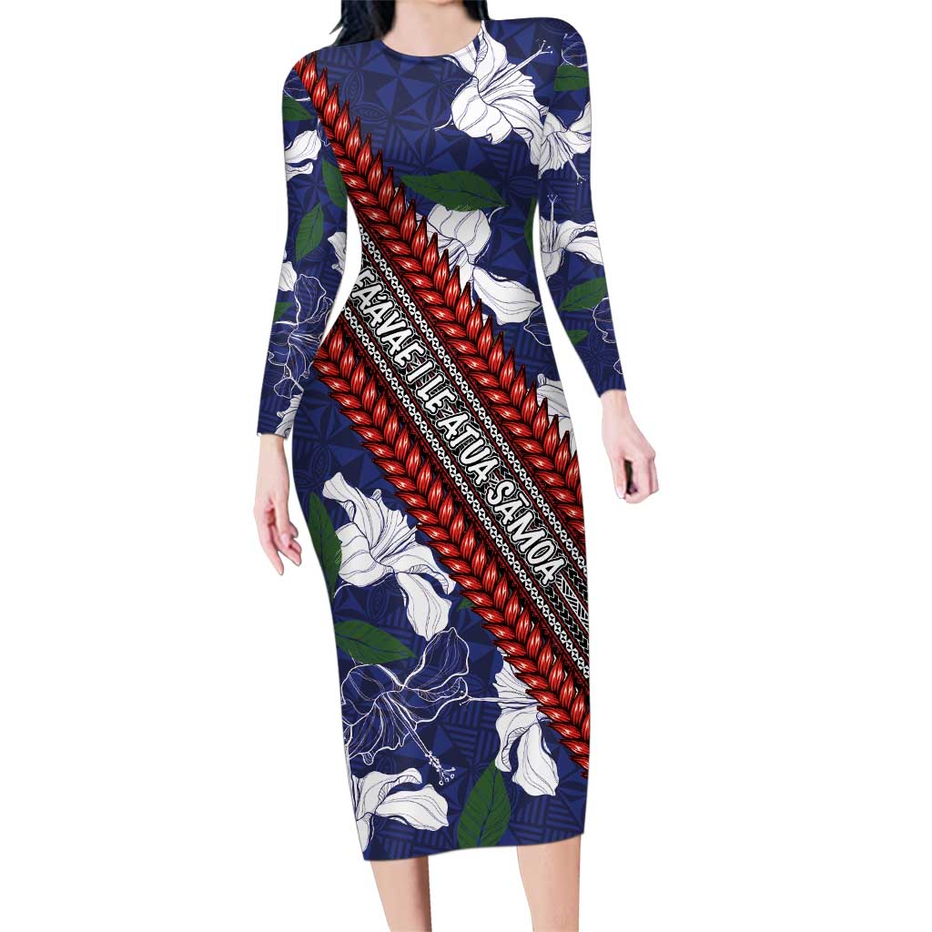 Samoan Culture Family Matching Long Sleeve Bodycon Dress and Hawaiian Shirt Hibiscus and Ula Fala with Tapa Pattern Blue Color LT03 Mom's Dress Blue - Polynesian Pride