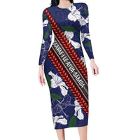 Samoan Culture Family Matching Long Sleeve Bodycon Dress and Hawaiian Shirt Hibiscus and Ula Fala with Tapa Pattern Blue Color LT03 Mom's Dress Blue - Polynesian Pride
