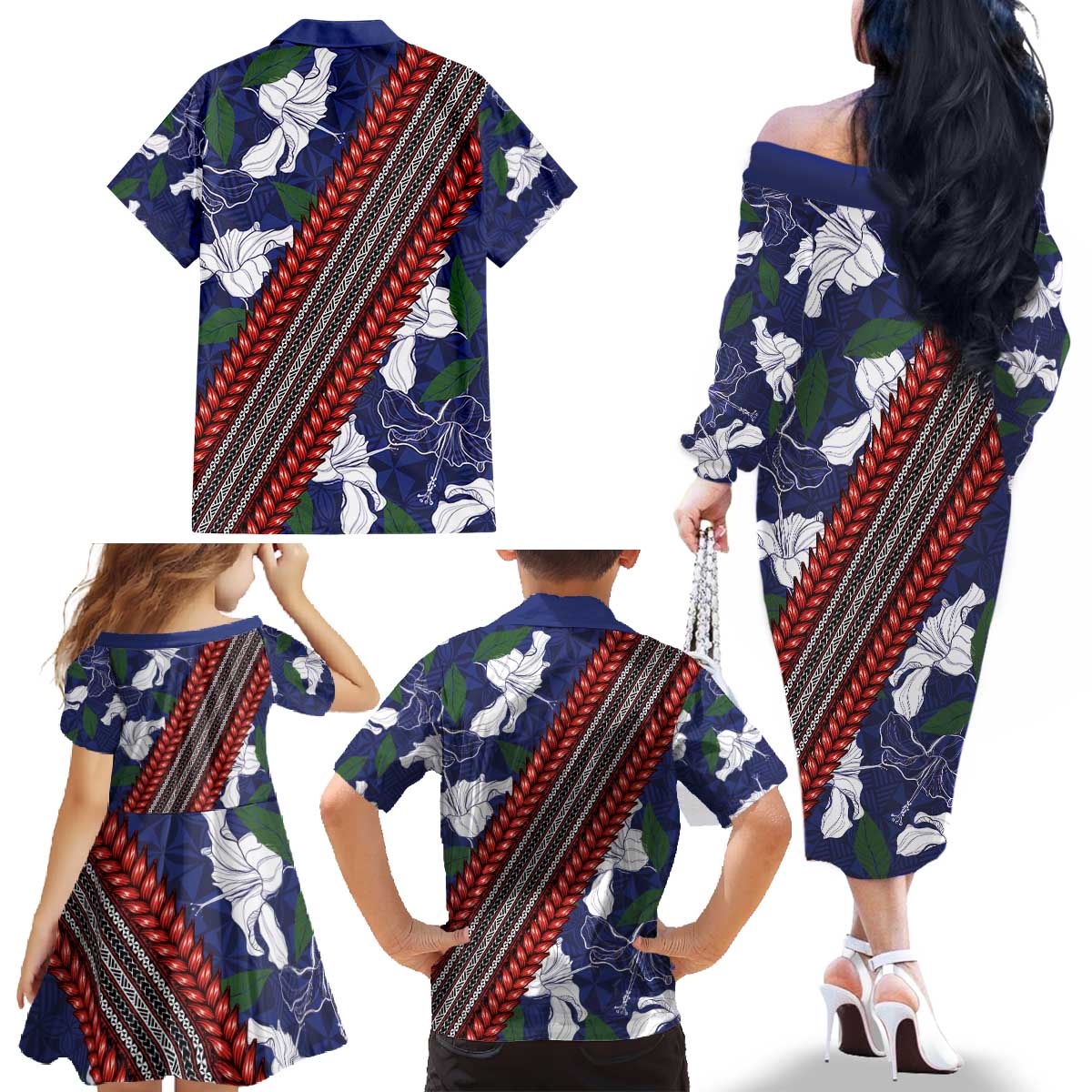 Samoan Culture Family Matching Off The Shoulder Long Sleeve Dress and Hawaiian Shirt Hibiscus and Ula Fala with Tapa Pattern Blue Color LT03 - Polynesian Pride