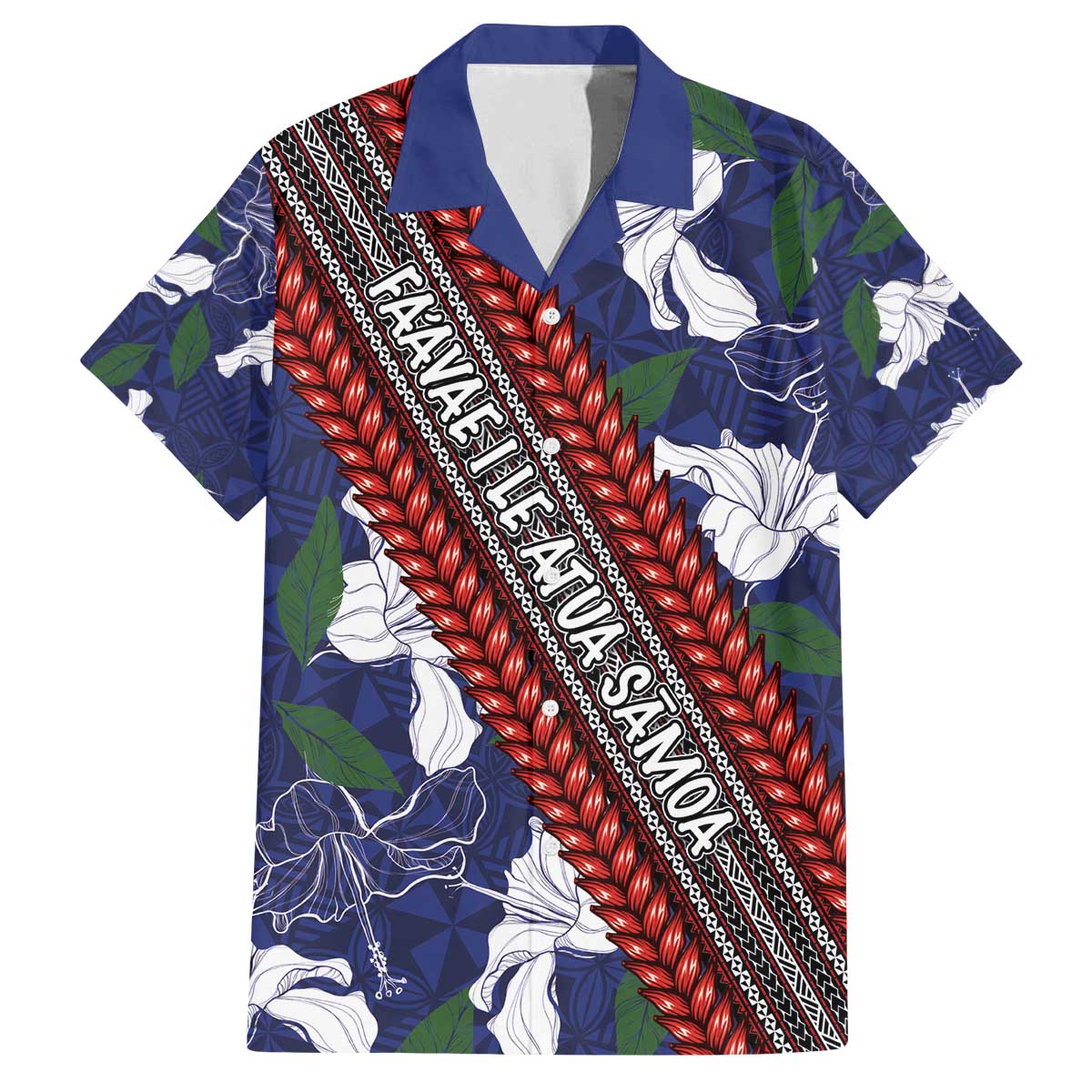 Samoan Culture Family Matching Off The Shoulder Long Sleeve Dress and Hawaiian Shirt Hibiscus and Ula Fala with Tapa Pattern Blue Color LT03 Dad's Shirt - Short Sleeve Blue - Polynesian Pride