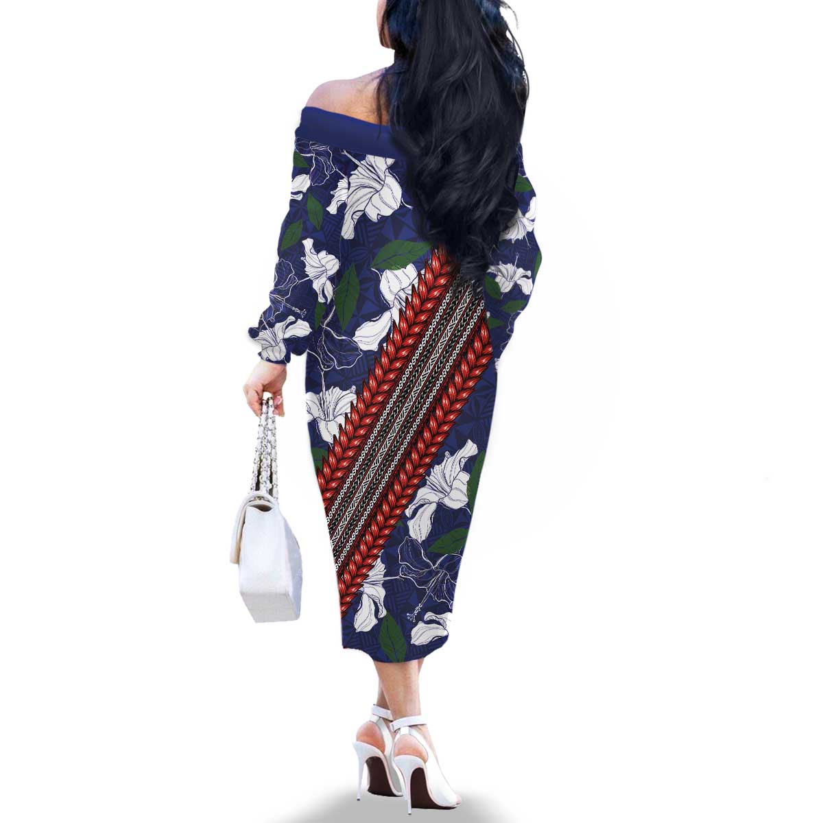Samoan Culture Family Matching Off The Shoulder Long Sleeve Dress and Hawaiian Shirt Hibiscus and Ula Fala with Tapa Pattern Blue Color LT03 - Polynesian Pride