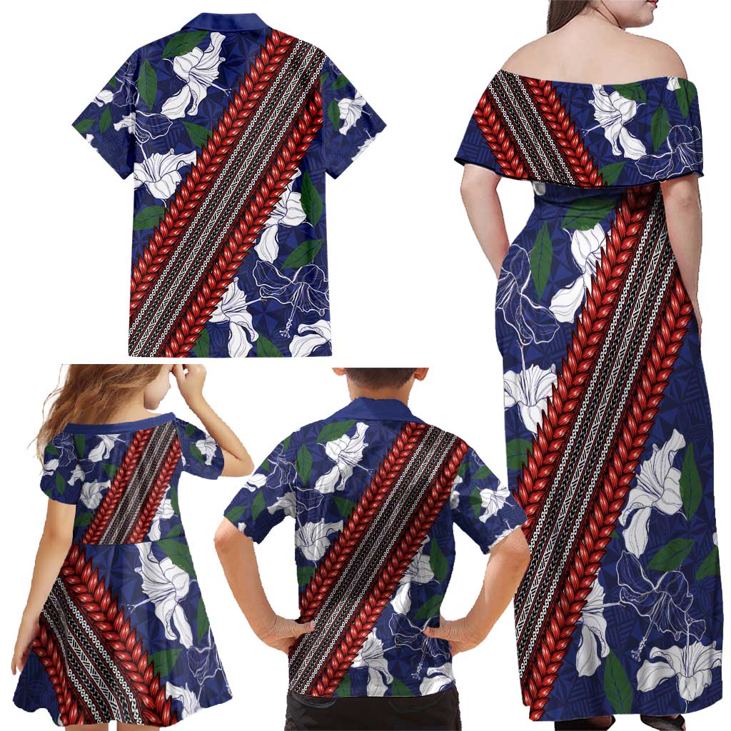 Samoan Culture Family Matching Off Shoulder Maxi Dress and Hawaiian Shirt Hibiscus and Ula Fala with Tapa Pattern Blue Color LT03 - Polynesian Pride