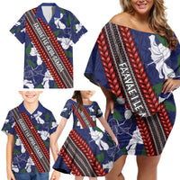 Samoan Culture Family Matching Off Shoulder Short Dress and Hawaiian Shirt Hibiscus and Ula Fala with Tapa Pattern Blue Color LT03 - Polynesian Pride