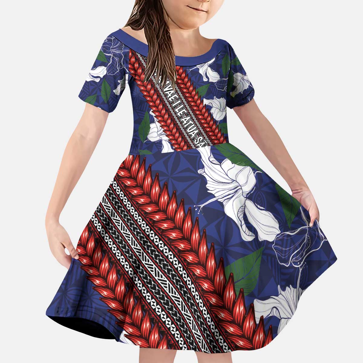Samoan Culture Family Matching Puletasi and Hawaiian Shirt Hibiscus and Ula Fala with Tapa Pattern Blue Color LT03 Daughter's Dress Blue - Polynesian Pride