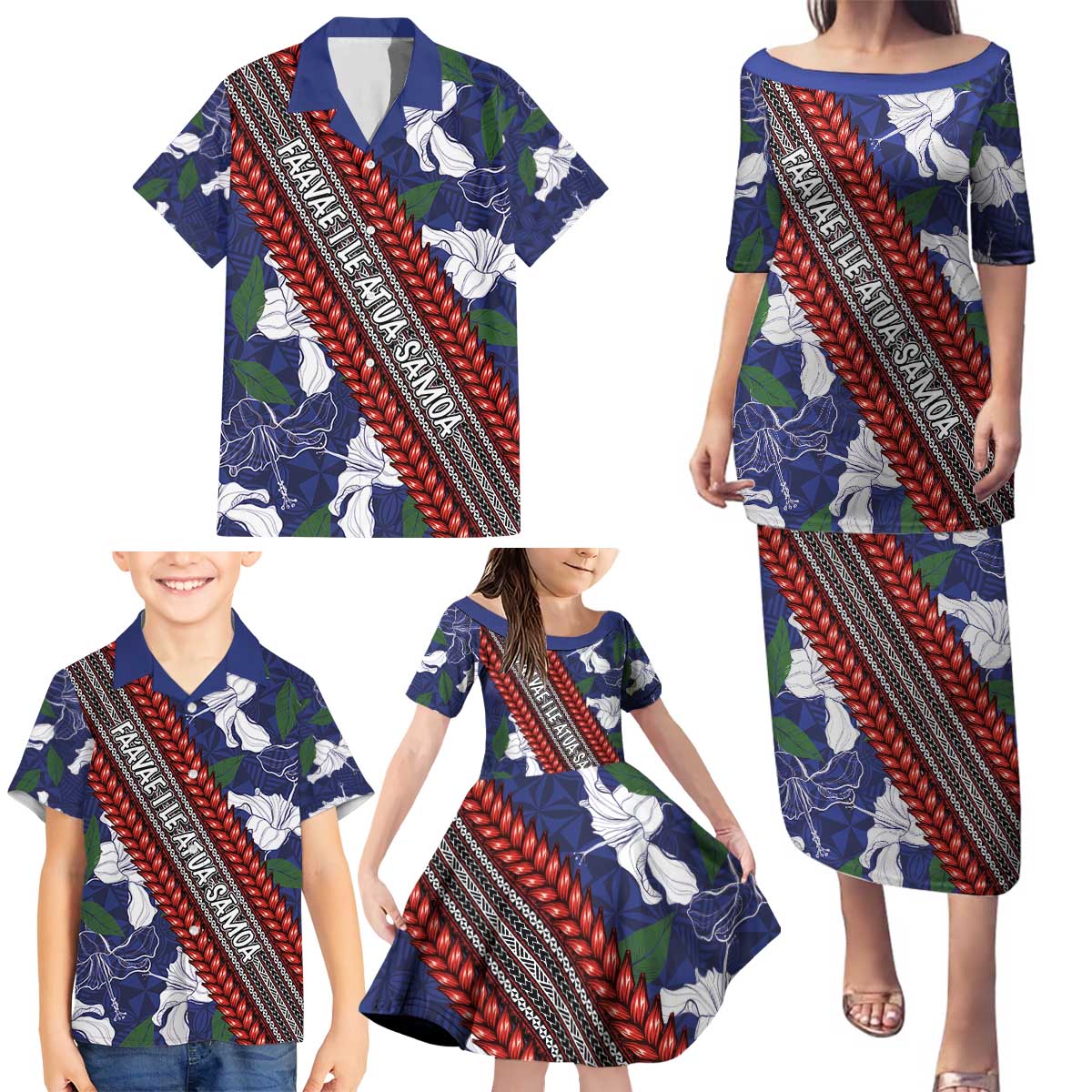 Samoan Culture Family Matching Puletasi and Hawaiian Shirt Hibiscus and Ula Fala with Tapa Pattern Blue Color LT03 - Polynesian Pride