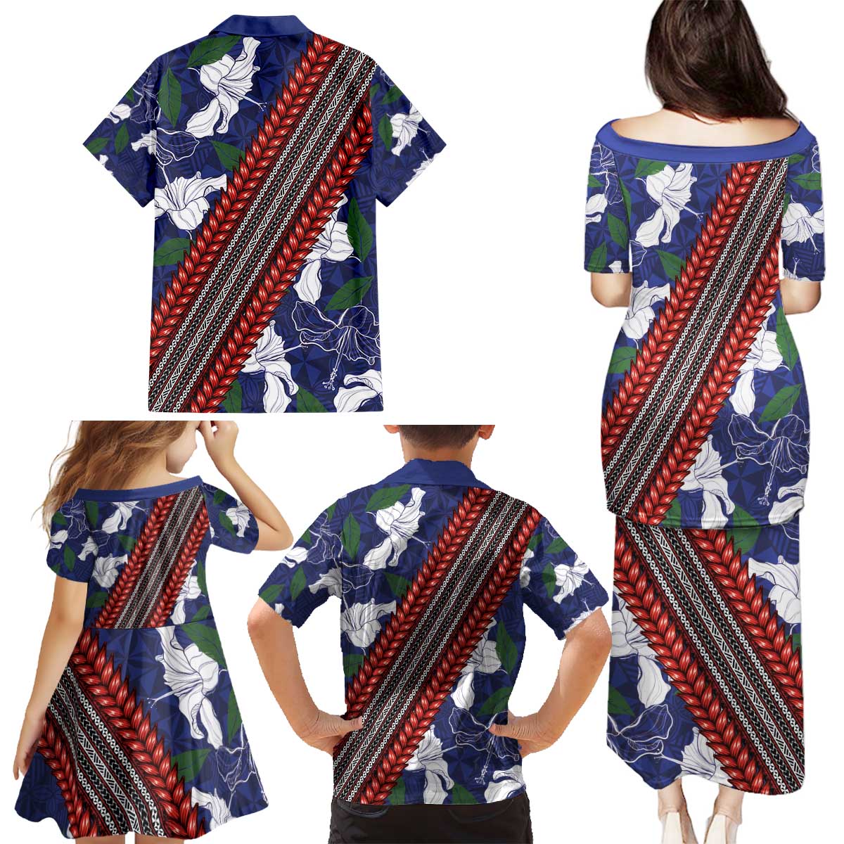 Samoan Culture Family Matching Puletasi and Hawaiian Shirt Hibiscus and Ula Fala with Tapa Pattern Blue Color LT03 - Polynesian Pride