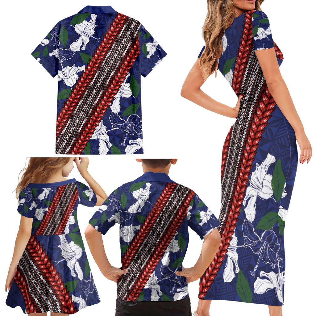 Samoan Culture Family Matching Short Sleeve Bodycon Dress and Hawaiian Shirt Hibiscus and Ula Fala with Tapa Pattern Blue Color LT03 - Polynesian Pride