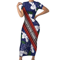 Samoan Culture Family Matching Short Sleeve Bodycon Dress and Hawaiian Shirt Hibiscus and Ula Fala with Tapa Pattern Blue Color LT03 Mom's Dress Blue - Polynesian Pride